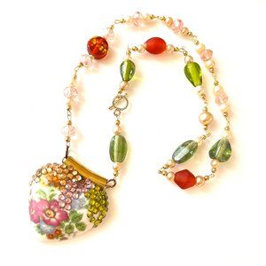 "Ceramic Heart" Murano Glass Necklace, Pearls, Czechoslovakia Crystal  "Ceramic